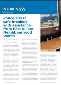 A page from the Neighbourhood Watch Australasia Journal dated August 2016 with the title "Police arrest safe breakers with assistance from East Killara Neighbourhood Watch"