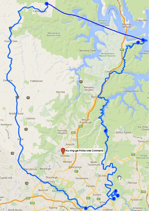 a map showing the boundary of the Ku-ring-gai Police Area Command, which is the same boundary for Neighbourhood Watch Ku-ring-gai & Hornsby