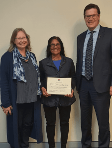 Julia Eagles and Gay Balusubramanian (President & Secretary, NHW Ku-ring-gai & Hornsby) accepting Gay's Community Hero certificate from Jonathan O'Dea MP
